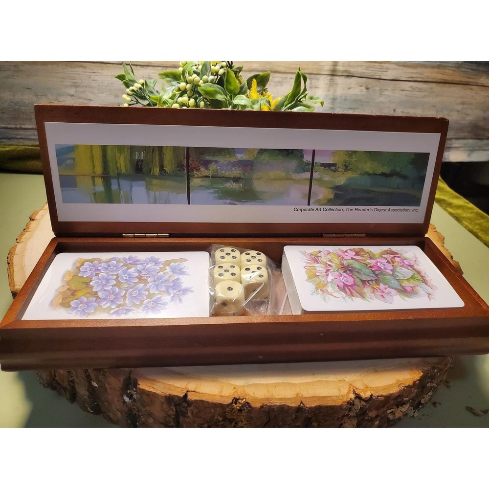 Vintage Wooden Game Box Set Playing Cards Dice Reader's Digest Art Collection
